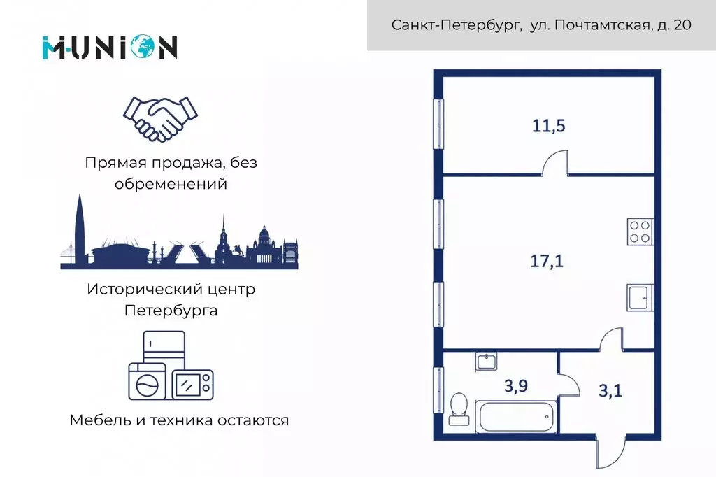 1-комнатная квартира: Санкт-Петербург, Почтамтская улица, 20 (35.6 м) - Фото 2
