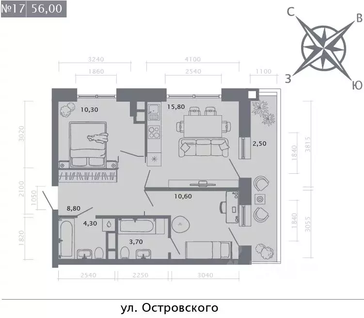 2-к кв. Татарстан, Казань ул. Островского, 105 (56.0 м) - Фото 1