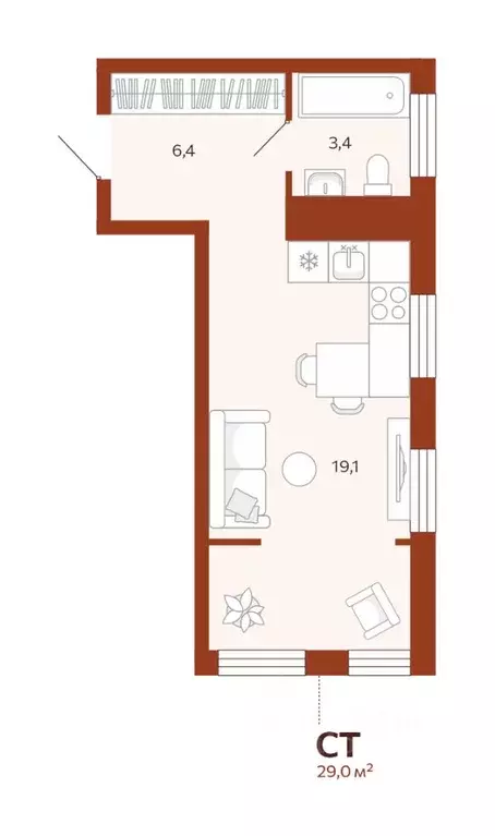 Студия Тюменская область, Тюмень ул. Новаторов, 30 (28.95 м) - Фото 0