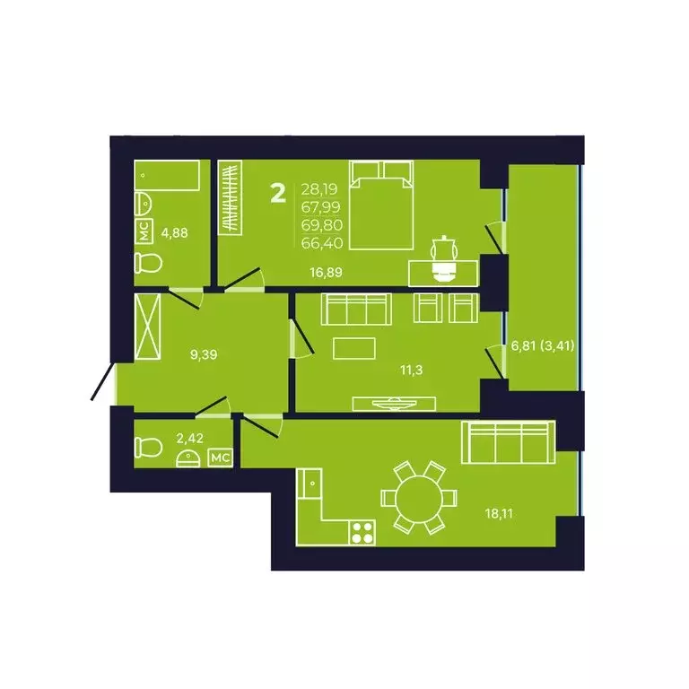 2-комнатная квартира: Уфа, улица Михаила Зайцева, 8 (66.9 м) - Фото 1