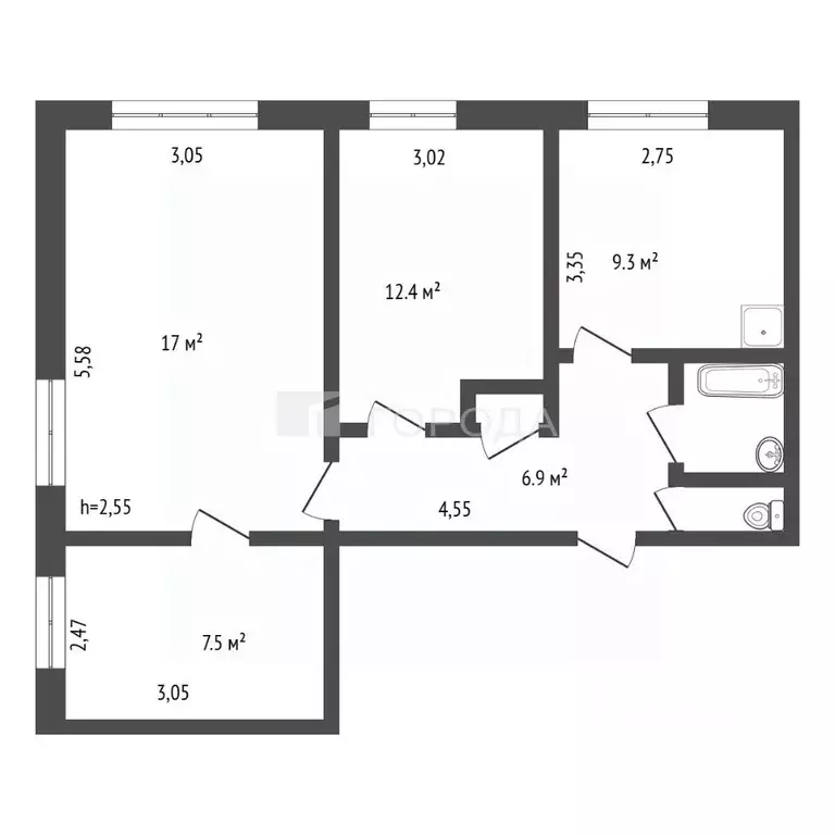 3-к кв. Кемеровская область, Новокузнецк просп. Мира, 22 (56.5 м) - Фото 2