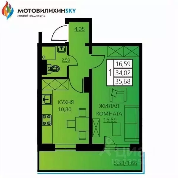 1-к кв. Пермский край, Пермь ул. Гашкова, 53к3 (35.68 м) - Фото 0