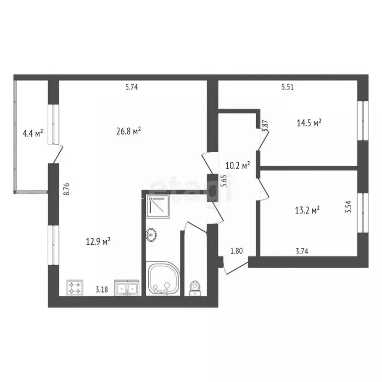 3-к кв. Ханты-Мансийский АО, Ханты-Мансийск ул. Калинина, 18 (89.8 м) - Фото 1