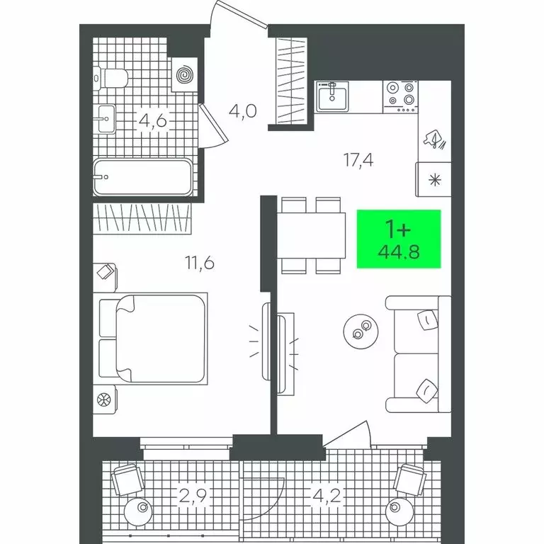 1-комнатная квартира: Тюмень, улица Василия Малкова, 19 (44.8 м) - Фото 0