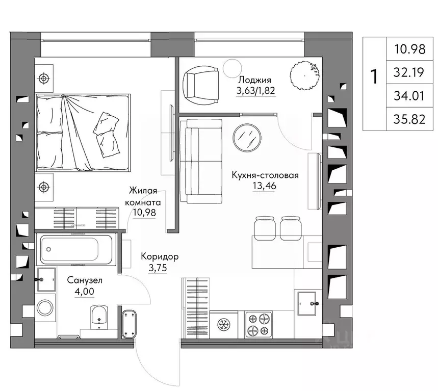 1-к кв. Калужская область, Калуга Жилыеы Острова кв-л,  (35.82 м) - Фото 1