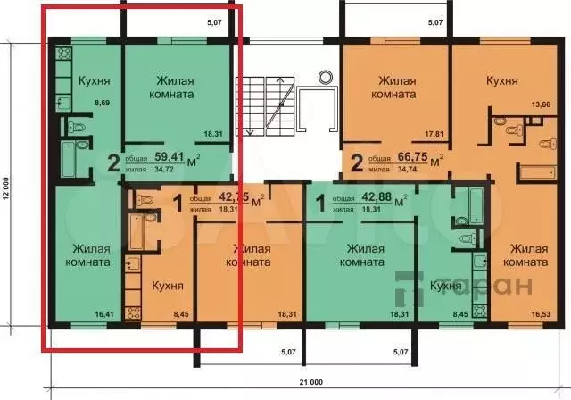 2-к. квартира, 60 м, 1/10 эт. - Фото 0