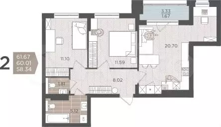 2-к. квартира, 60 м, 5/9 эт. - Фото 1