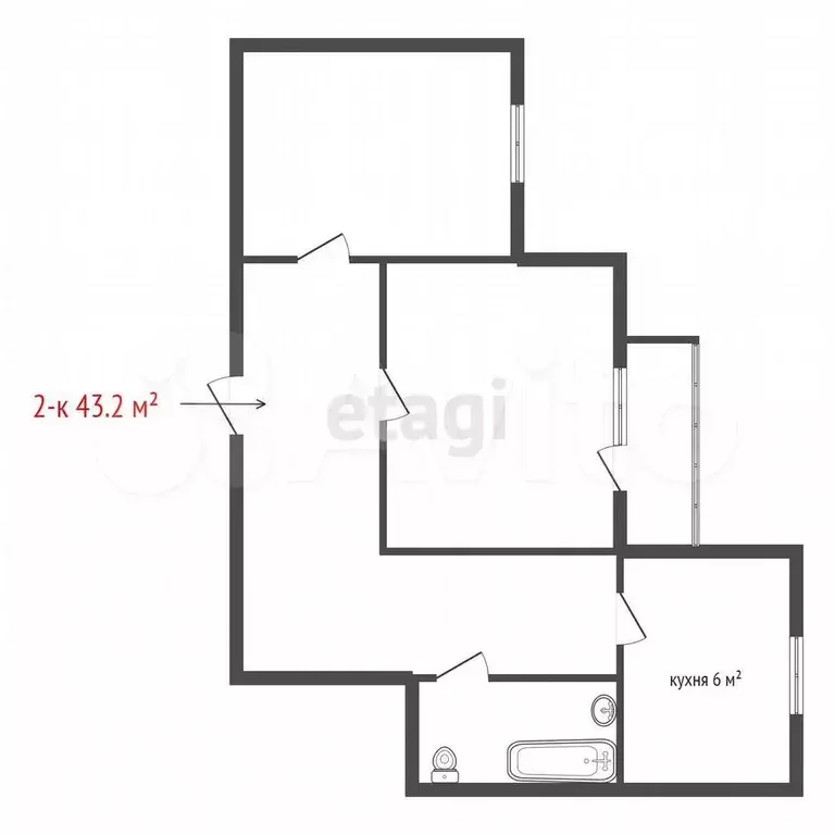 2-к. квартира, 43,2 м, 4/5 эт. - Фото 0