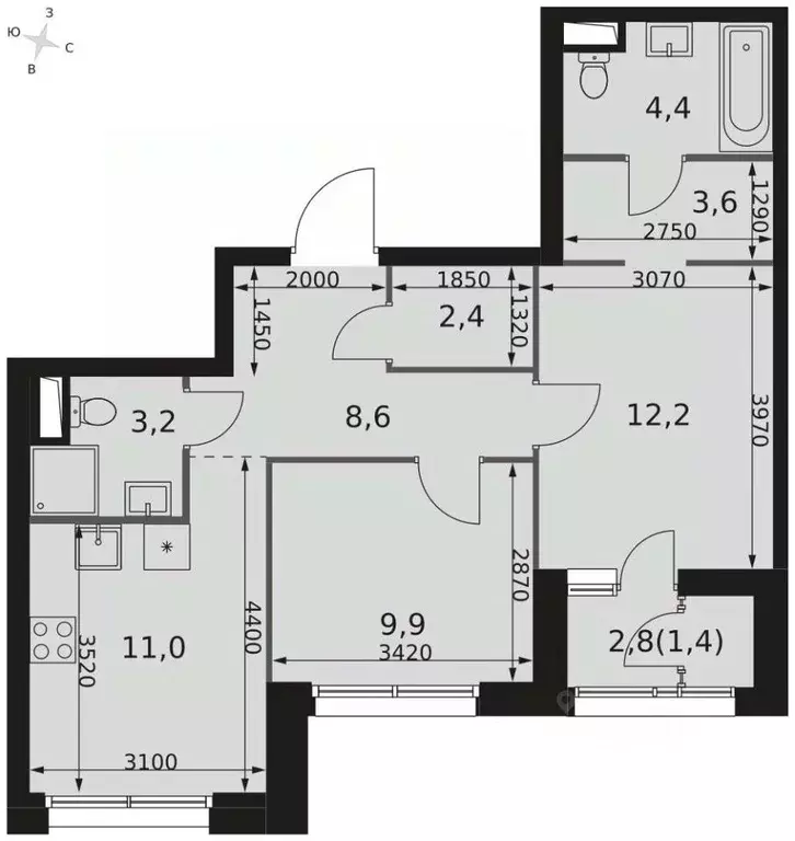 2-к кв. Москва Строительный проезд, 9к1 (56.7 м) - Фото 1