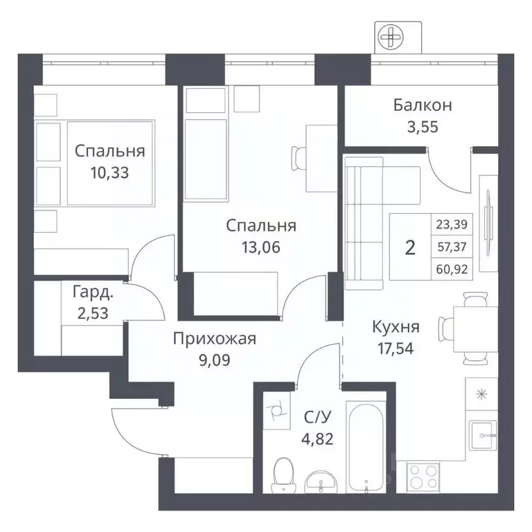 2-к кв. Новосибирская область, Новосибирск Игарская ул., 40/2 (57.37 ... - Фото 0