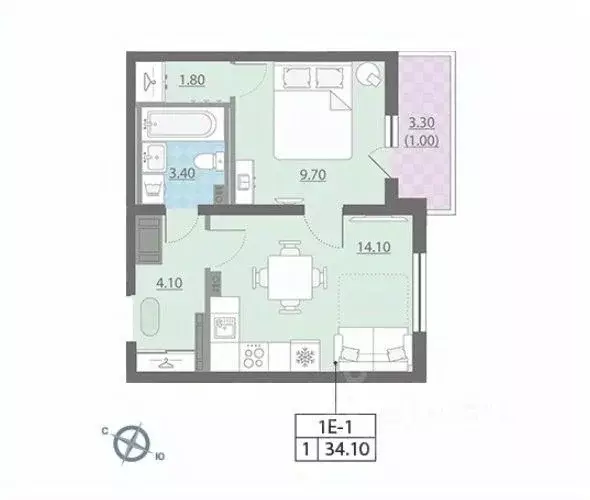 1-к кв. Санкт-Петербург ул. Дыбенко, 5к1 (33.0 м) - Фото 1