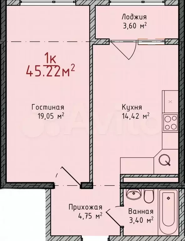 1-к. квартира, 45,2 м, 6/8 эт. - Фото 1