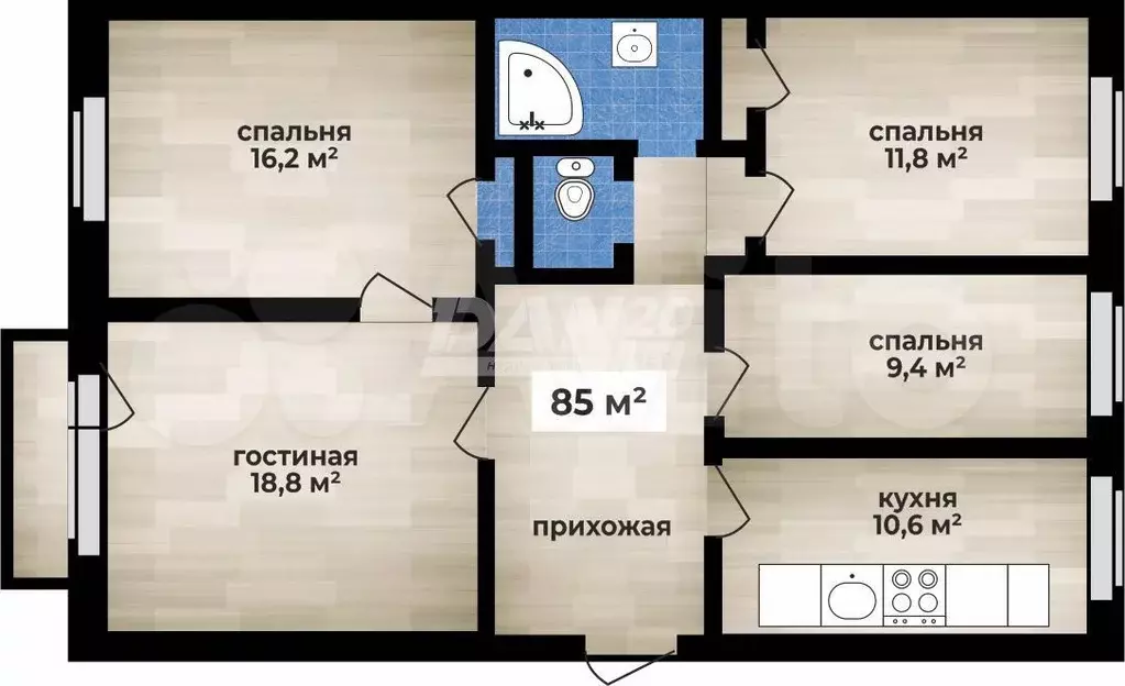4-к. квартира, 86,1 м, 3/6 эт. - Фото 0