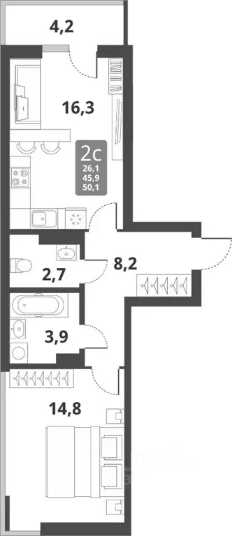 2-к кв. Новосибирская область, Новосибирск Тайгинская ул., с3 (45.9 м) - Фото 0