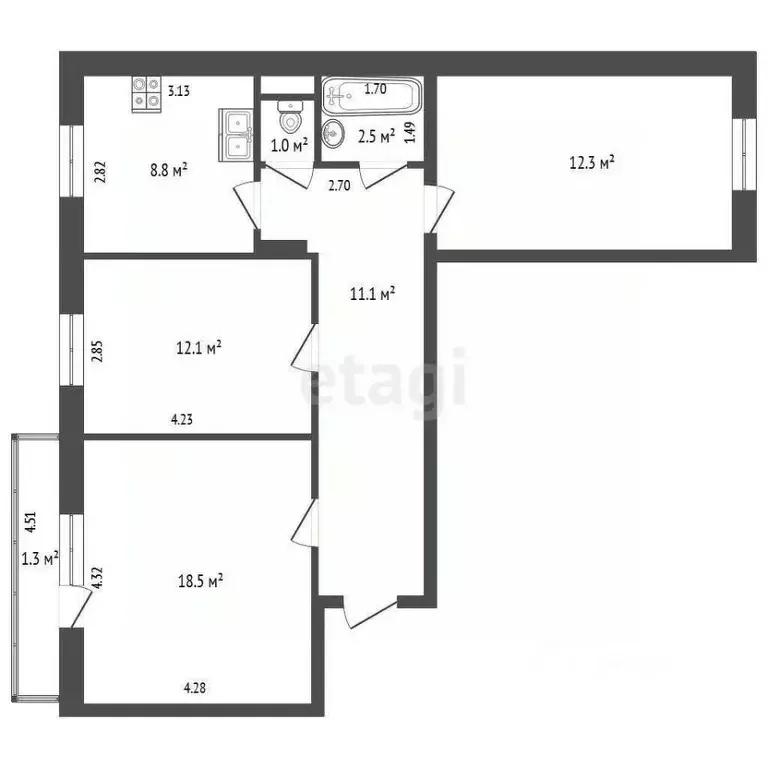 3-к кв. Забайкальский край, Чита Северный мкр, 60 (66.3 м) - Фото 2