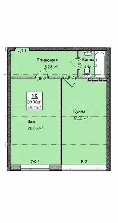 1-к. квартира, 49,7 м, 3/8 эт. - Фото 1