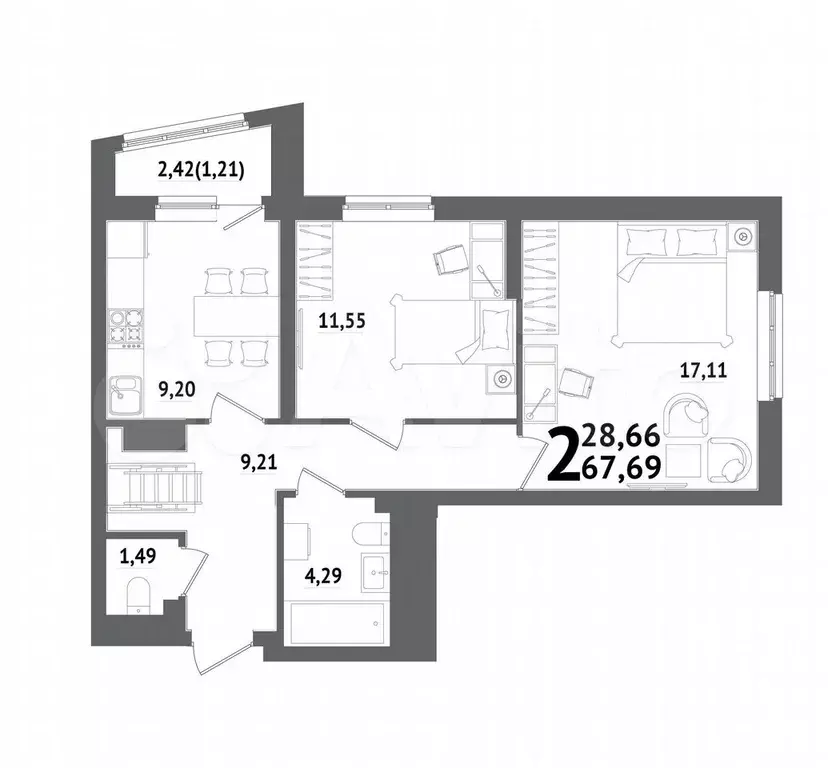 2-к. квартира, 67,7 м, 21/21 эт. - Фото 1