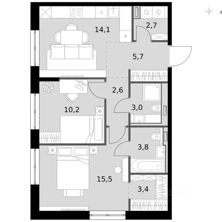 2-к кв. Татарстан, Казань Даурская ул., 2А (61.0 м) - Фото 2