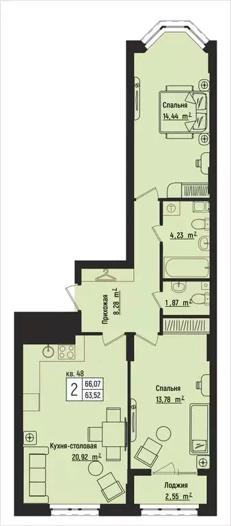 2-комнатная квартира: Нижний Новгород, Литературная улица, 5 (66.07 м) - Фото 1