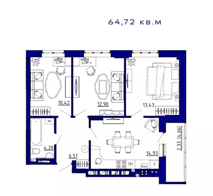 3-комнатная квартира: Аксай, ЖК Авиатор (64.72 м) - Фото 0