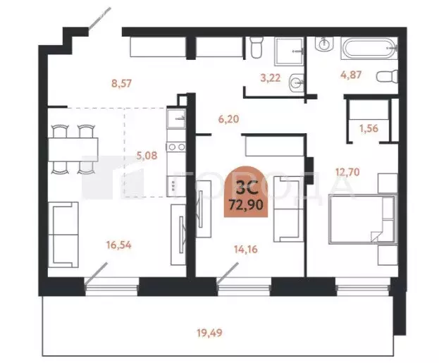 3-комнатная квартира: Томск, проспект Ленина, 206В (72.9 м) - Фото 1