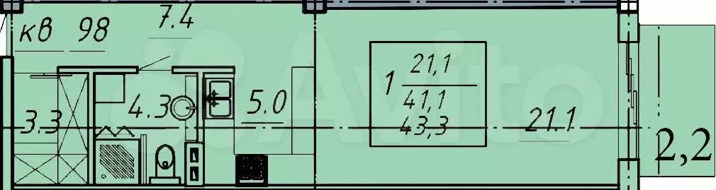 1-к. квартира, 43,3 м, 2/8 эт. - Фото 0