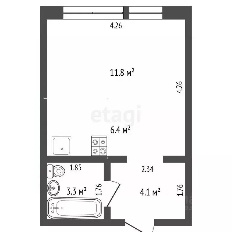 Студия Тюменская область, Тюмень Полевая ул., 117к5 (24.7 м) - Фото 1