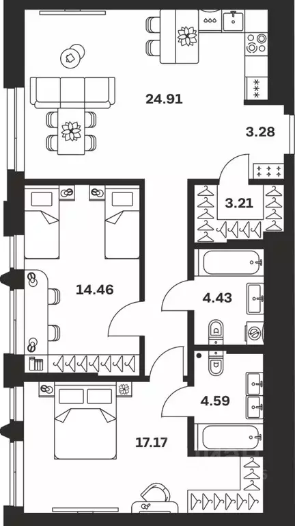 2-к кв. Тульская область, Тула Прайм Сойфера жилой комплекс (77.64 м) - Фото 1