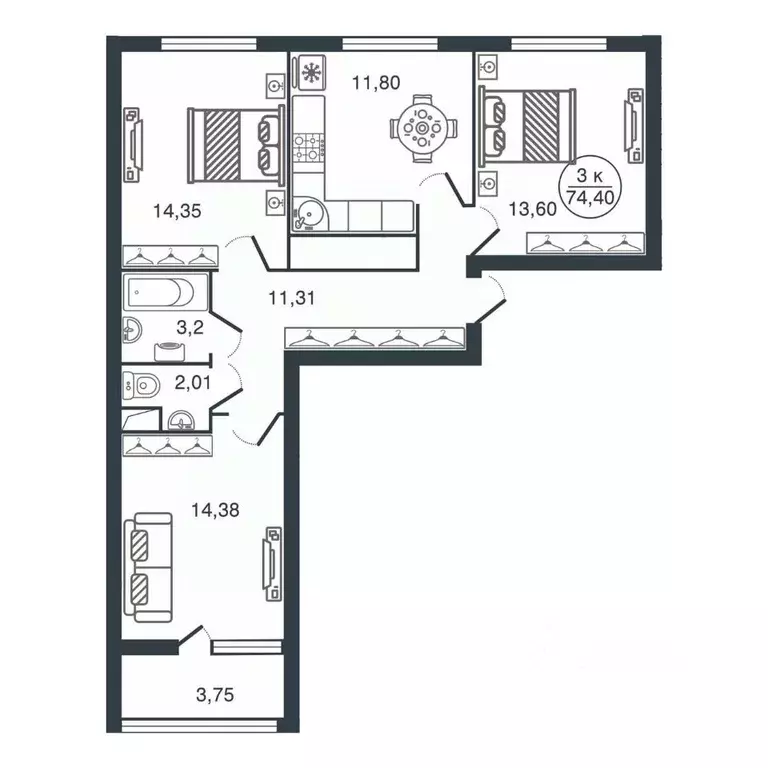 3-к кв. Тверская область, Тверь Южный мкр,  (74.4 м) - Фото 0