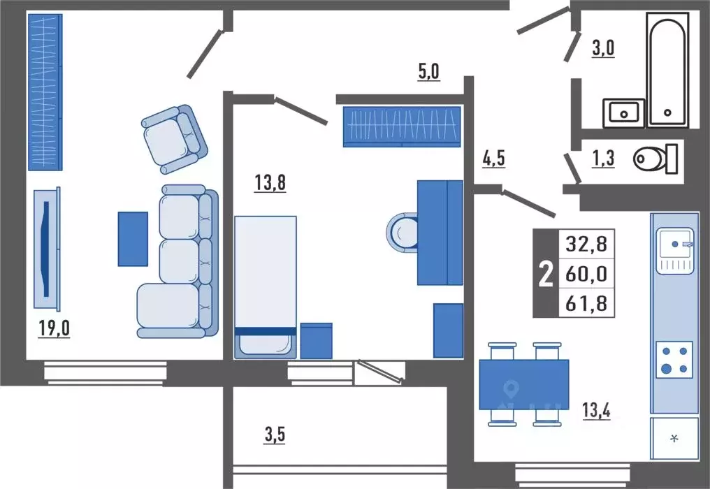 2-к кв. Орловская область, Орел Мясокомбинат мкр,  (61.8 м) - Фото 1