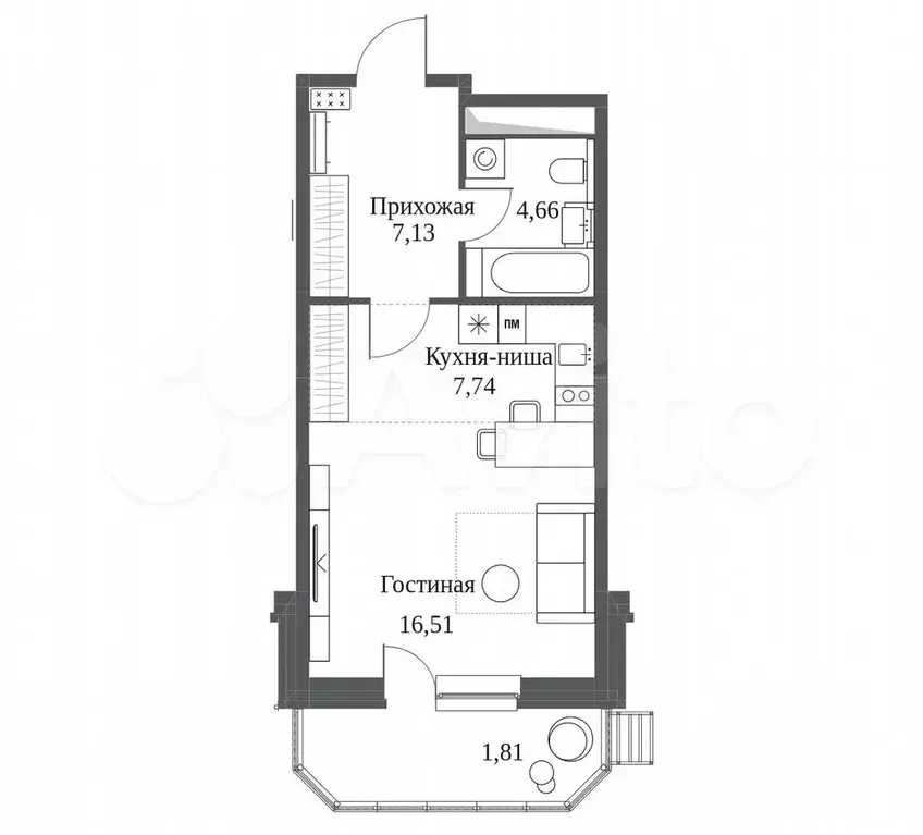 Квартира-студия, 37,9 м, 7/20 эт. - Фото 0
