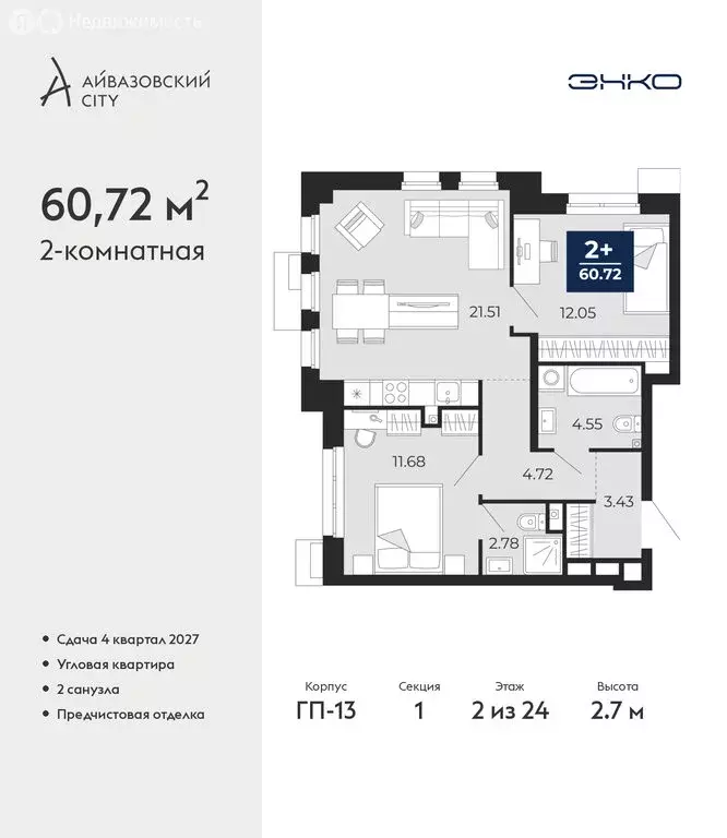 2-комнатная квартира: Тюмень, ЖК Айвазовский Сити (60.72 м) - Фото 1