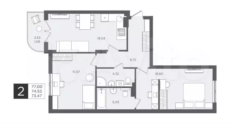 2-к. квартира, 74,5 м, 2/4 эт. - Фото 1