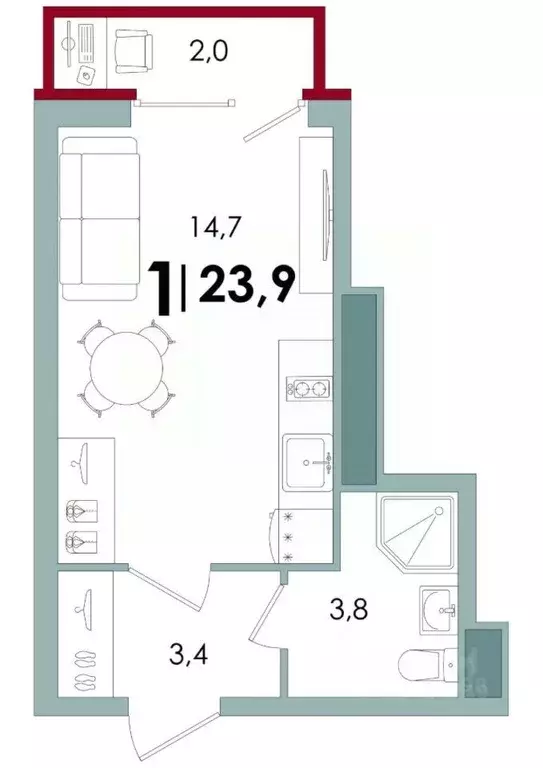 Студия Тверская область, Тверь Южный мкр,  (23.9 м) - Фото 1