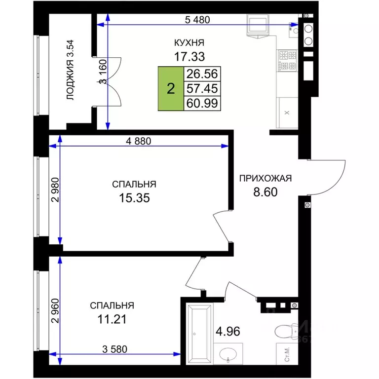 2-к кв. Калининградская область, Гурьевск Включи жилой комплекс (60.99 ... - Фото 1