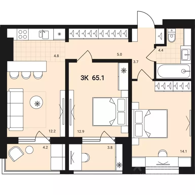3-к кв. Новосибирская область, Обь Геодезическая ул., 29 (65.1 м) - Фото 1