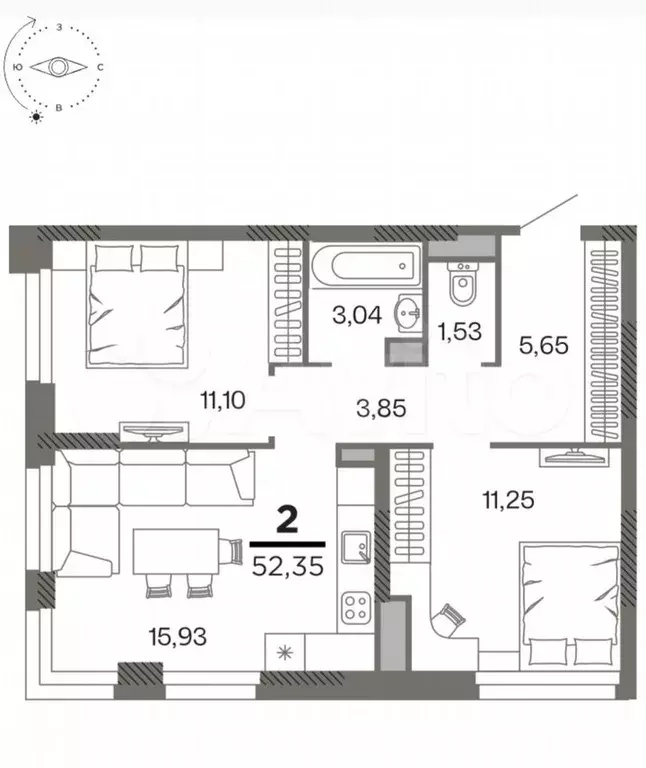 2-к. квартира, 52,4 м, 15/26 эт. - Фото 1