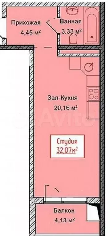 Квартира-студия, 32,1 м, 10/13 эт. - Фото 1