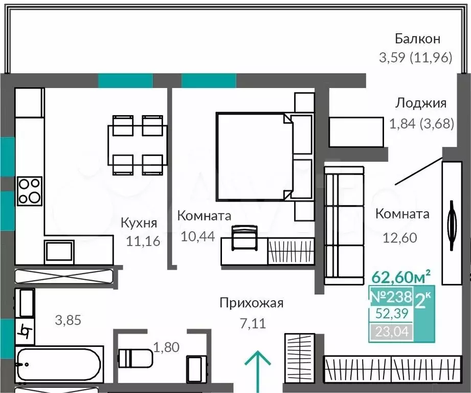 2-к. квартира, 52,4м, 9/9эт. - Фото 0