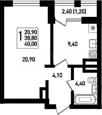 1-к. квартира, 38,8 м, 2/8 эт. - Фото 0