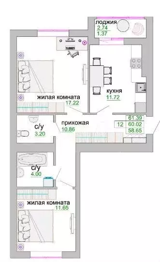 2-к. квартира, 60,7 м, 4/9 эт. - Фото 1