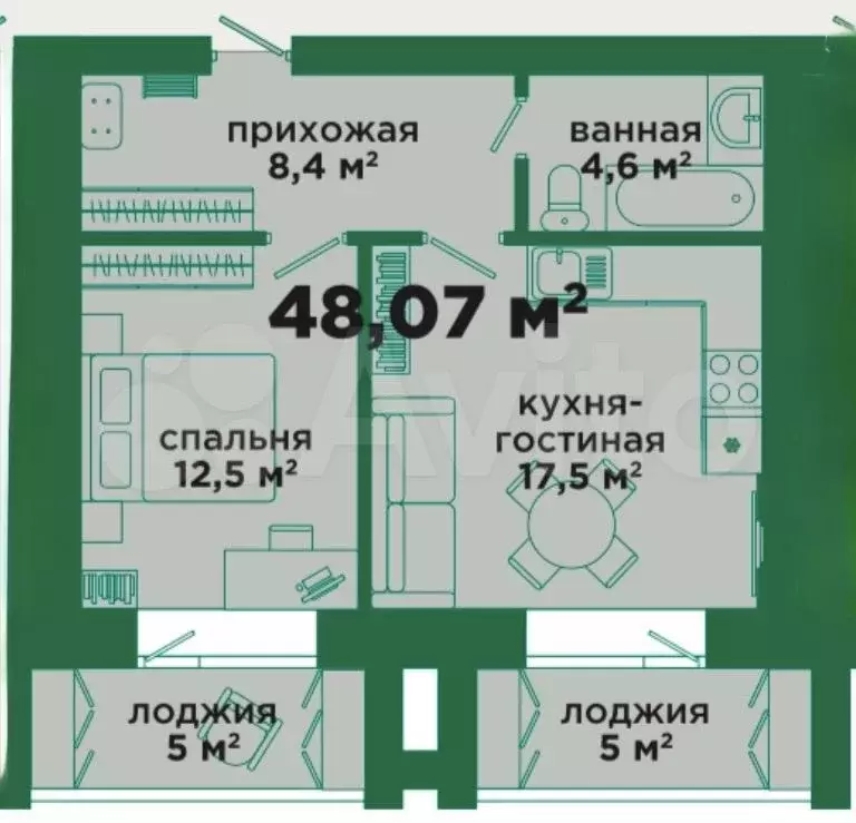 1-к. квартира, 48,1 м, 2/10 эт. - Фото 0