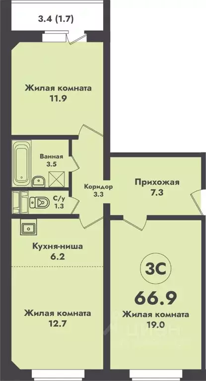 3-к кв. Новосибирская область, Новосибирск ул. Объединения, 4 (66.9 м) - Фото 0