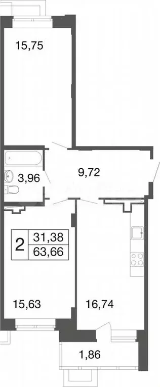 2-к. квартира, 63,7 м, 1/9 эт. - Фото 0