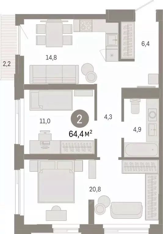 2-к кв. Тюменская область, Тюмень Зарека жилой комплекс (64.41 м) - Фото 1