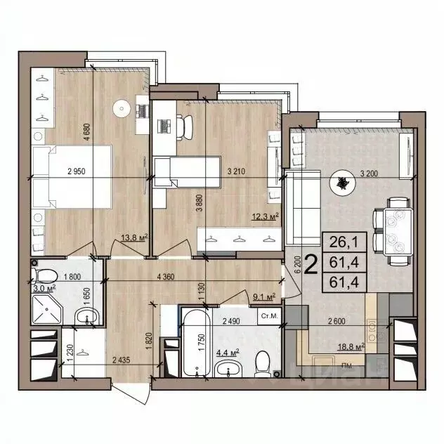 2-к кв. Рязанская область, Рязань ул. Новоселов, 33Б (61.4 м) - Фото 1