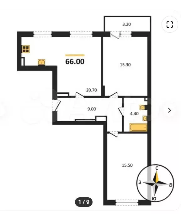 2-к. квартира, 66 м, 2/8 эт. - Фото 1