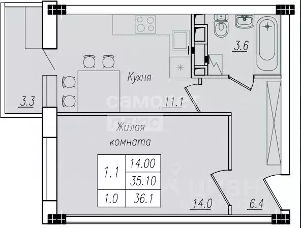 1-к кв. Курская область, Курск ул. Энгельса, 158к1 (36.1 м) - Фото 1