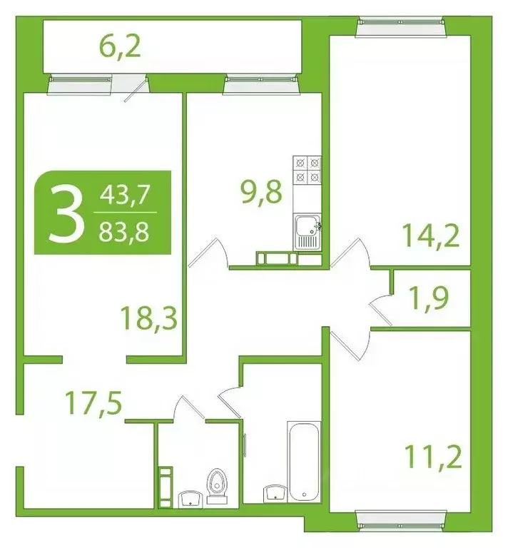 3-к кв. Томская область, Томск ул. Пришвина, 46 (80.65 м) - Фото 0