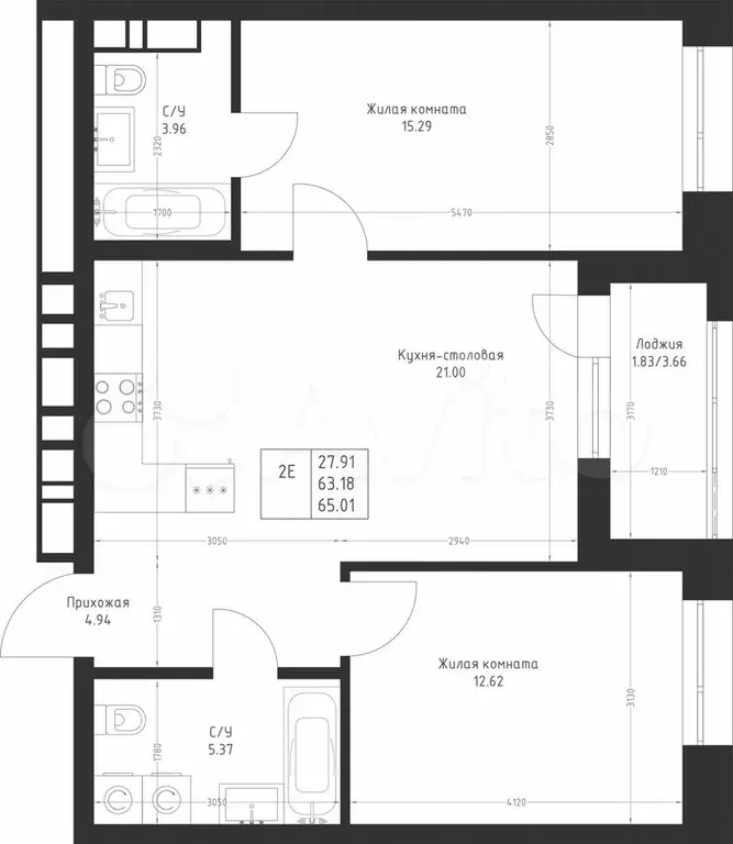 2-к. квартира, 65 м, 3/23 эт. - Фото 1